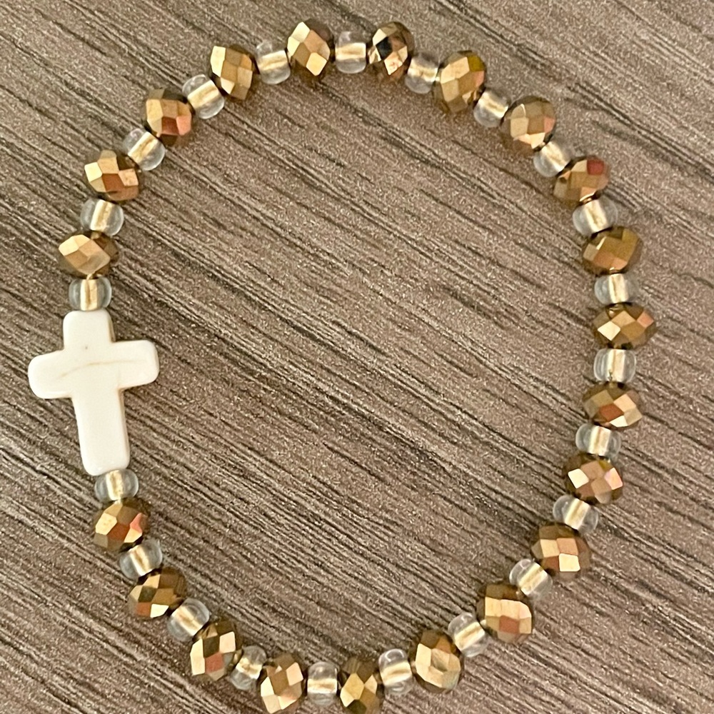 Cross Bracelet Handmade beaded stretch w/ glass fashion beads & stone cross